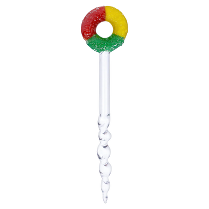 Top-down view of the “Wake N’ Bowl” Smoking Box showing a clear glass stem topped by a red, yellow, and green ring.