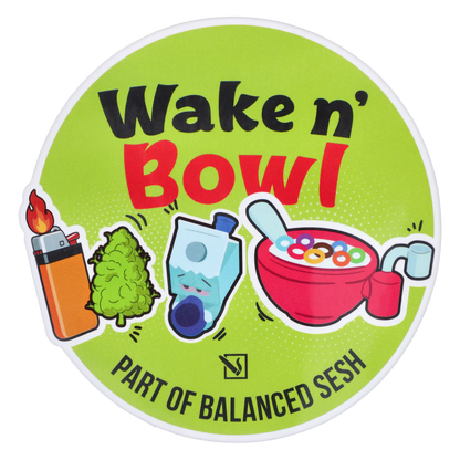 Top-down view of a green circular sticker reading “Wake N’ Bowl” with cartoon icons of a lighter, a bud, a mini pipe and a cereal bowl.