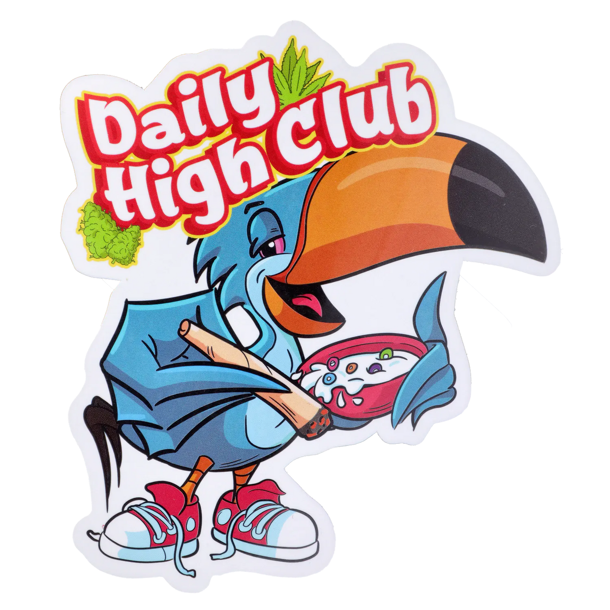 Playful front-facing sticker-style illustration of the “Wake N’ Bowl” Smoking Box showing a blue toucan with a large orange beak holding a cereal bowl and oversized joint beneath red "Daily High Club" lettering.