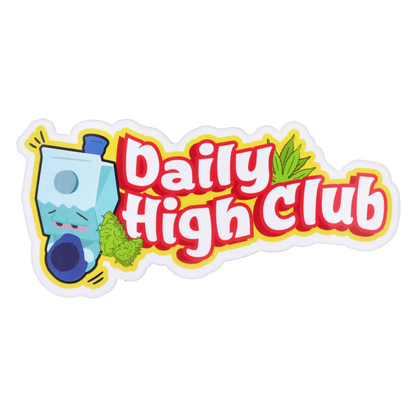 Top-down sticker-style graphic reading "Daily High Club" in bold red and white letters with a sleepy cartoon blue bong and green buds for the “Wake N’ Bowl” Smoking Box