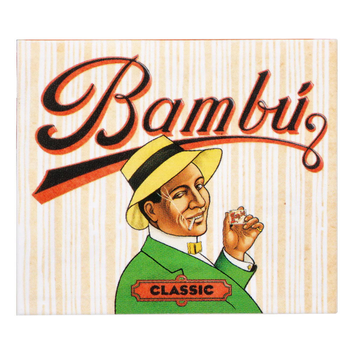 Top half of a vintage-style illustration showing a smiling man in a yellow hat and green suit beneath the large "Bambú" logo on the “Wake N’ Bowl” Smoking Box.