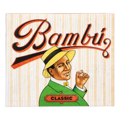 Top half of a vintage-style illustration showing a smiling man in a yellow hat and green suit beneath the large "Bambú" logo on the “Wake N’ Bowl” Smoking Box.