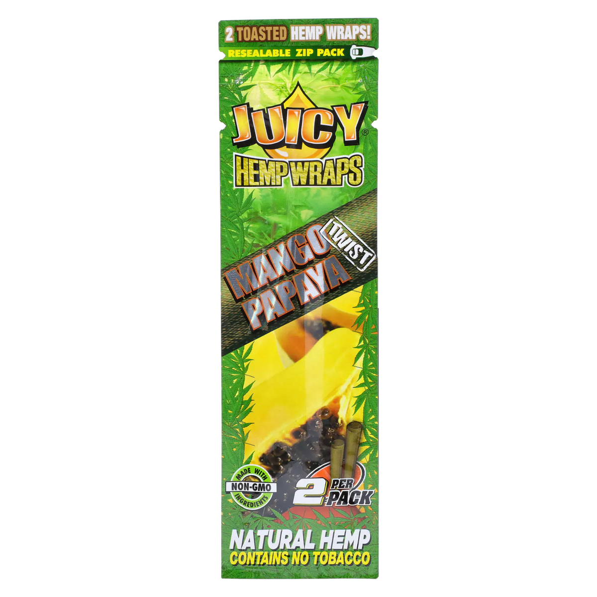 Vertical close-up of the “Wake N’ Bowl” Smoking Box packaging showing green hemp graphics, mango papaya label and two visible rolled wraps.