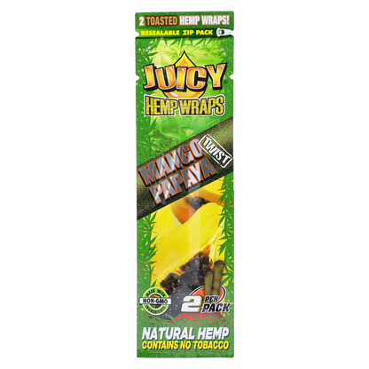 Vertical close-up of the “Wake N’ Bowl” Smoking Box packaging showing green hemp graphics, mango papaya label and two visible rolled wraps.