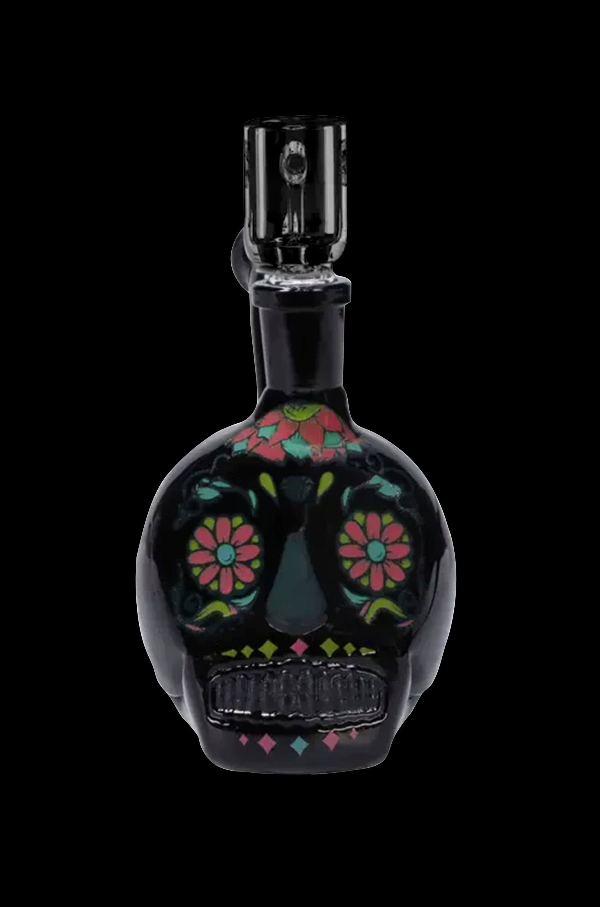 Black glass water pipe shaped like a sugar skull with colorful floral detailing.