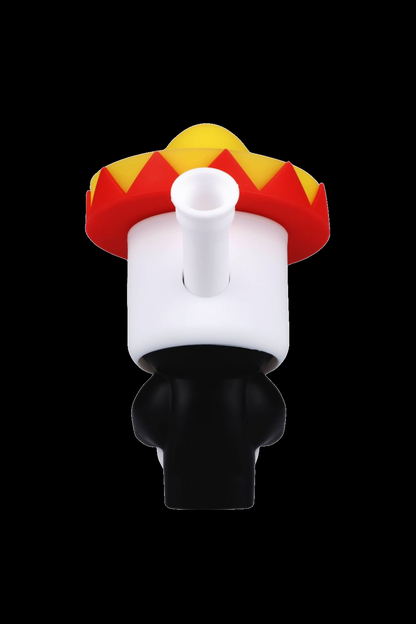 White and black cannabis bubbler with a sombrero-shaped mouthpiece.