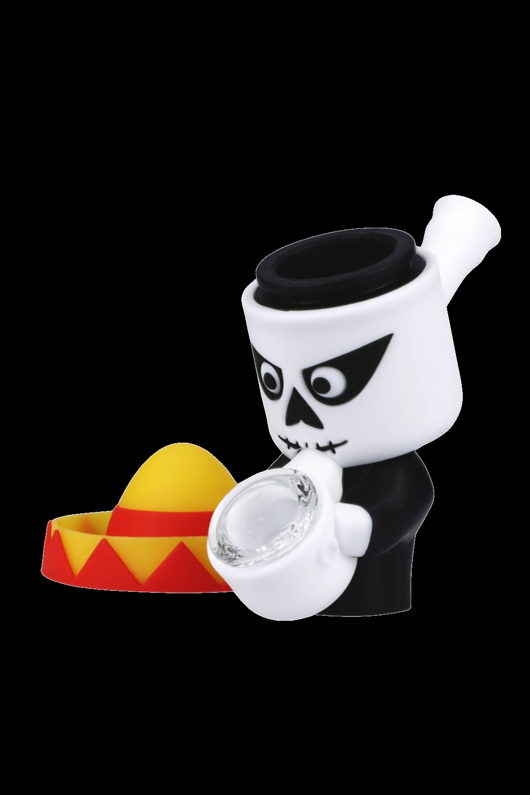Day of the Dead-themed glass pipe with a sombrero and skull design.