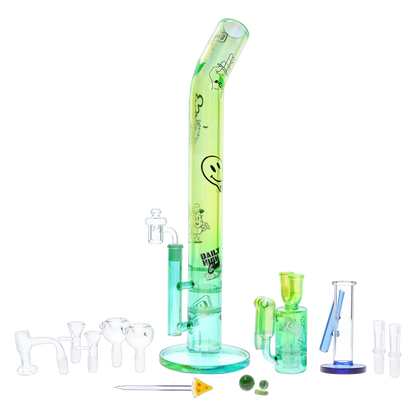Tall front view of the translucent green “Epic 420 House Party” Deluxe Box glass bong and its matching accessories arranged on a white background