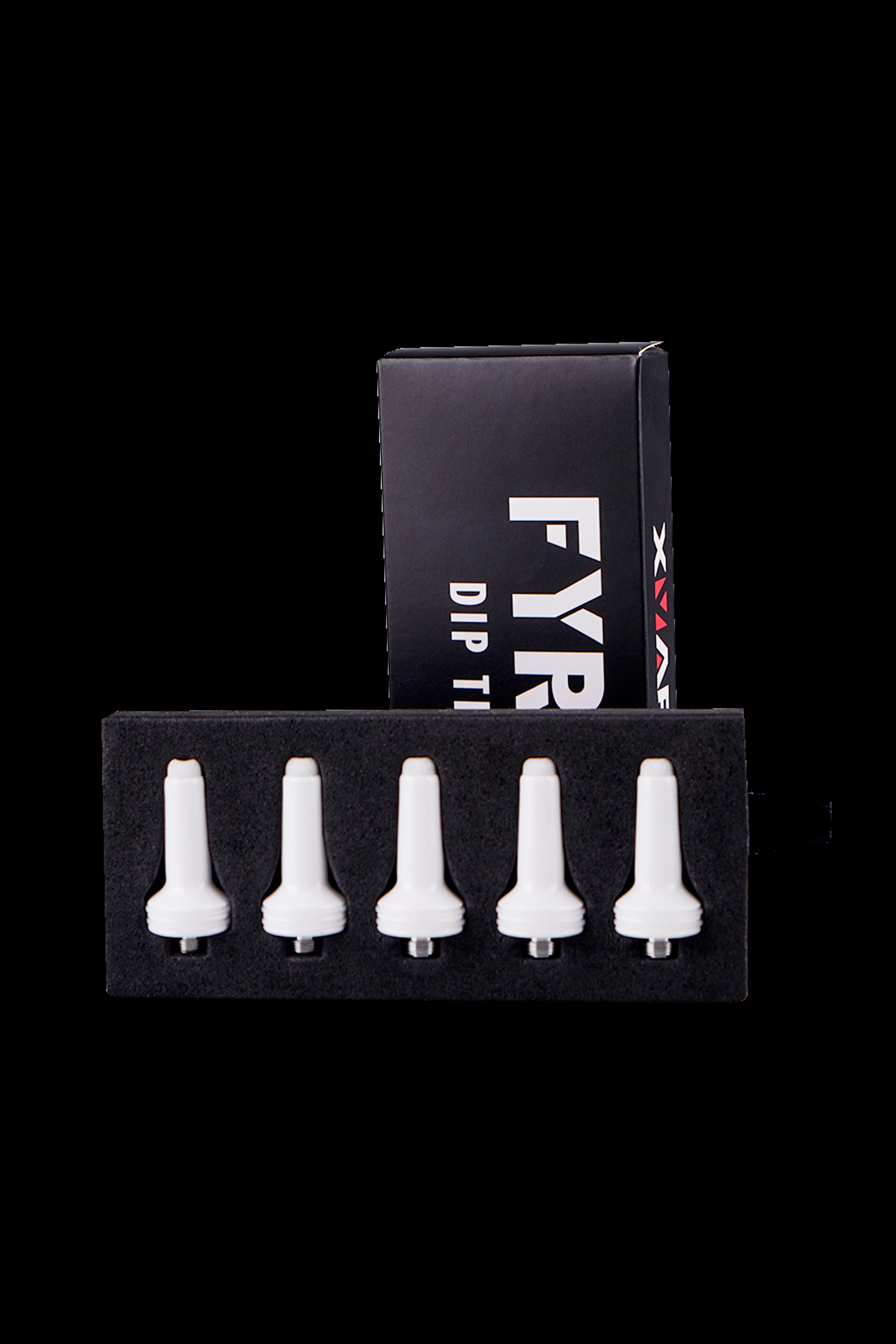 Close-up of five white ceramic “dip tips” inside a black box labeled “FYR” with cannabis leaf graphics.