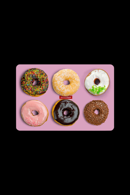 Assorted glazed and sprinkled donuts arranged on a pink background, branded with "stonerdays".