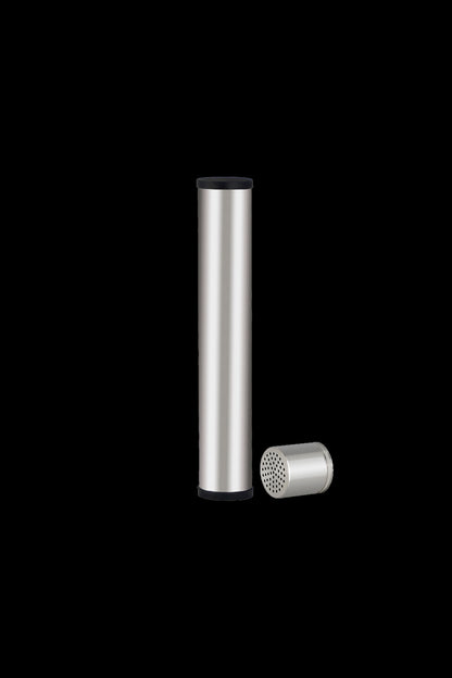 Silver one-hitter pipe and metal screen against a black background.