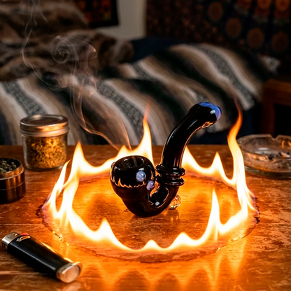 Close-up front view of the Maria Ring Sherlock Pipe on a wooden table, surrounded by a ring of flame and drifting smoke.