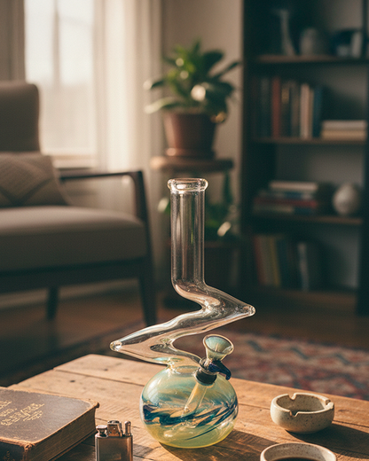 Front-lit close-up of a green La Pipes Z-Shape Bubble Bong - Zig Zag Percolator resting on a wooden table in a cozy living room.