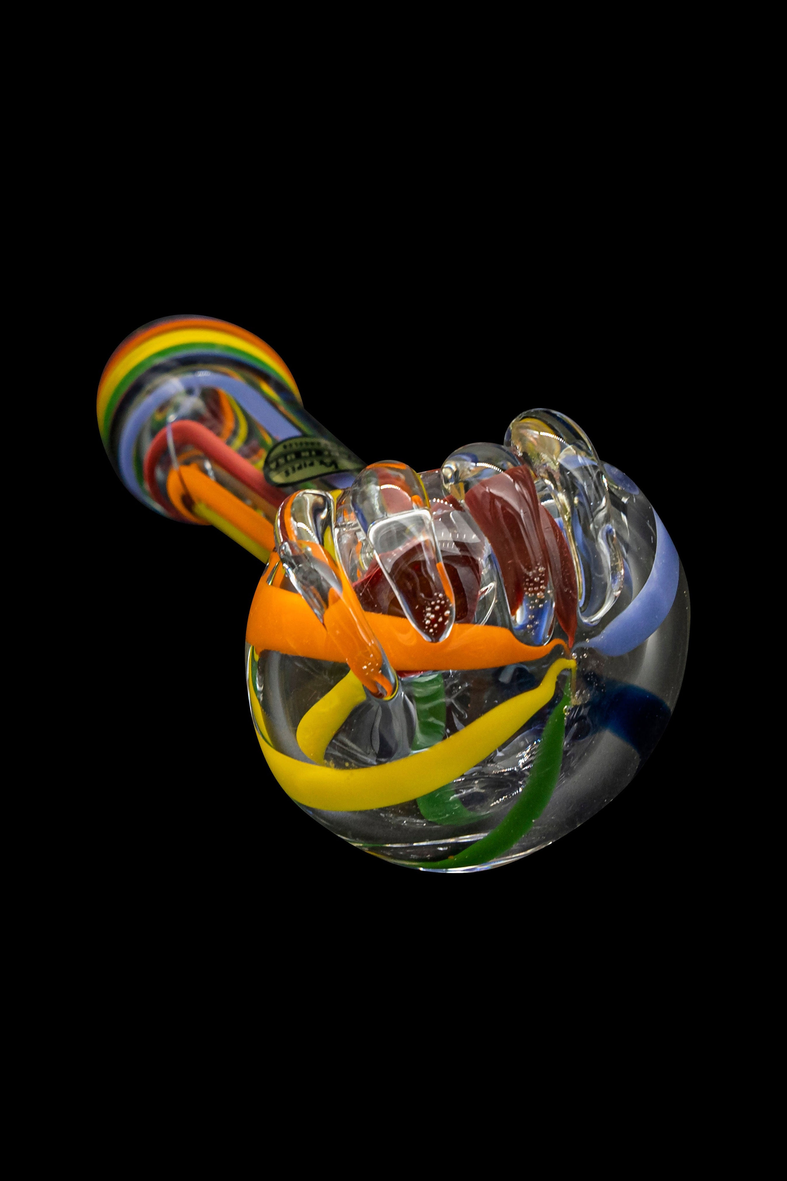 Hand-blown glass cannabis pipe with colorful swirls.