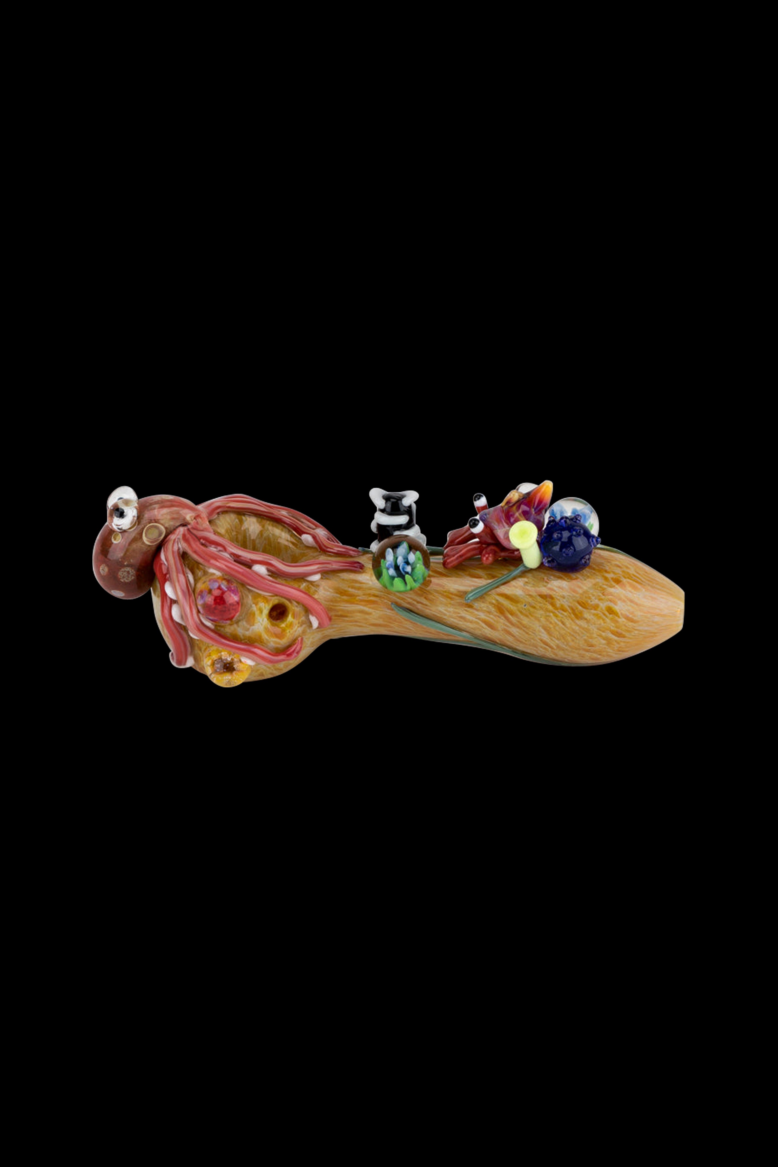 Hand-blown glass pipe with intricate octopus and wildlife design.