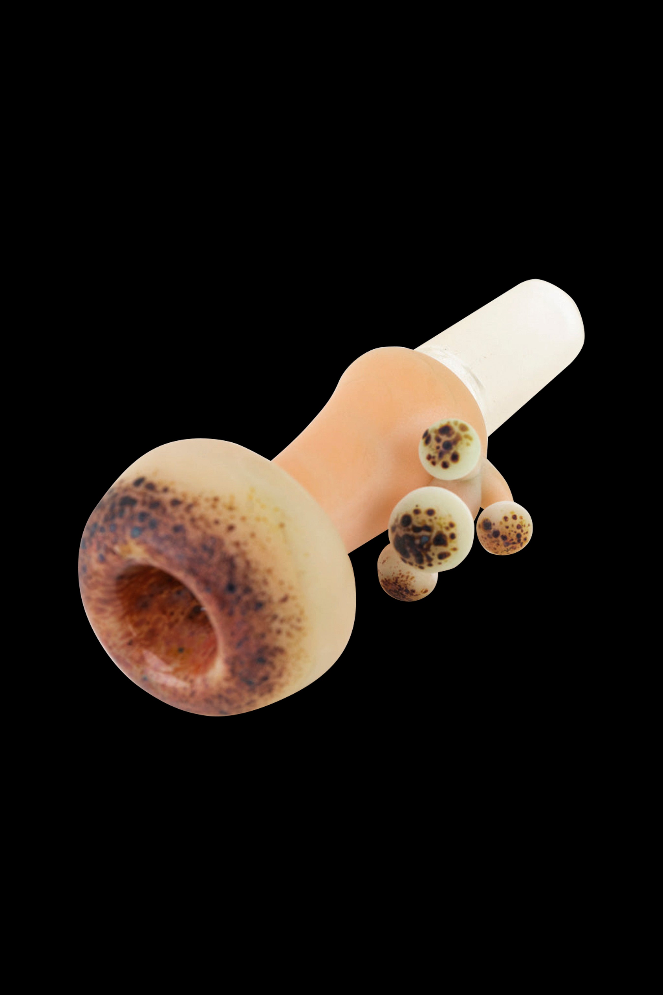 Orange glass bubbler with speckled detailing.