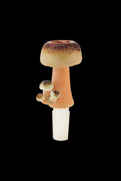 Glass cannabis bowl shaped like a mushroom with speckled detailing.