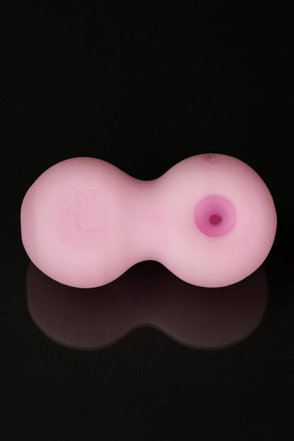 Pink double-bubbler glass pipe with a visible mouthpiece.