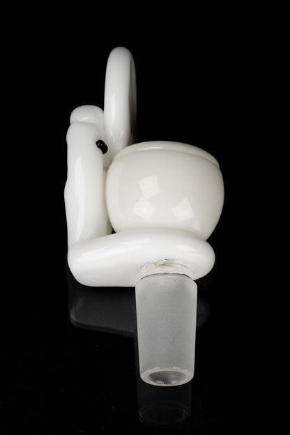 White glass dab rig with rounded bulb and mouthpiece, isolated on black.