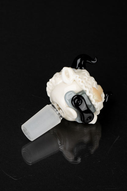 Glass cannabis bowl with a textured, frosted white exterior and black accents.