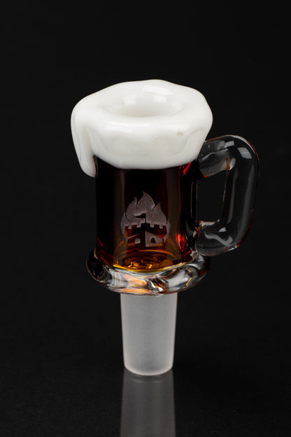 Glass bong bowl shaped like a beer mug with foamy white rim.