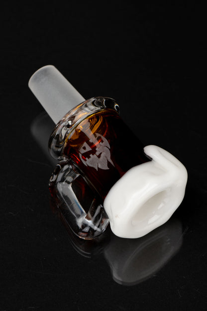 Hand-blown glass cannabis bowl with intricate red and white swirls, isolated on a black reflective surface.