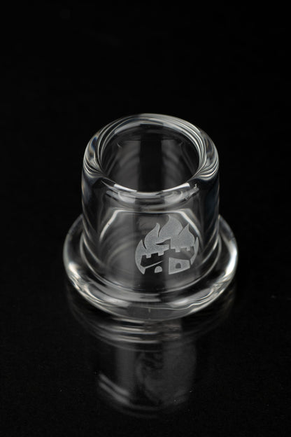 Clear glass cannabis bowl with etched logo, studio shot.