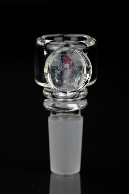 Clear glass cannabis bowl with colorful fractal-like design.