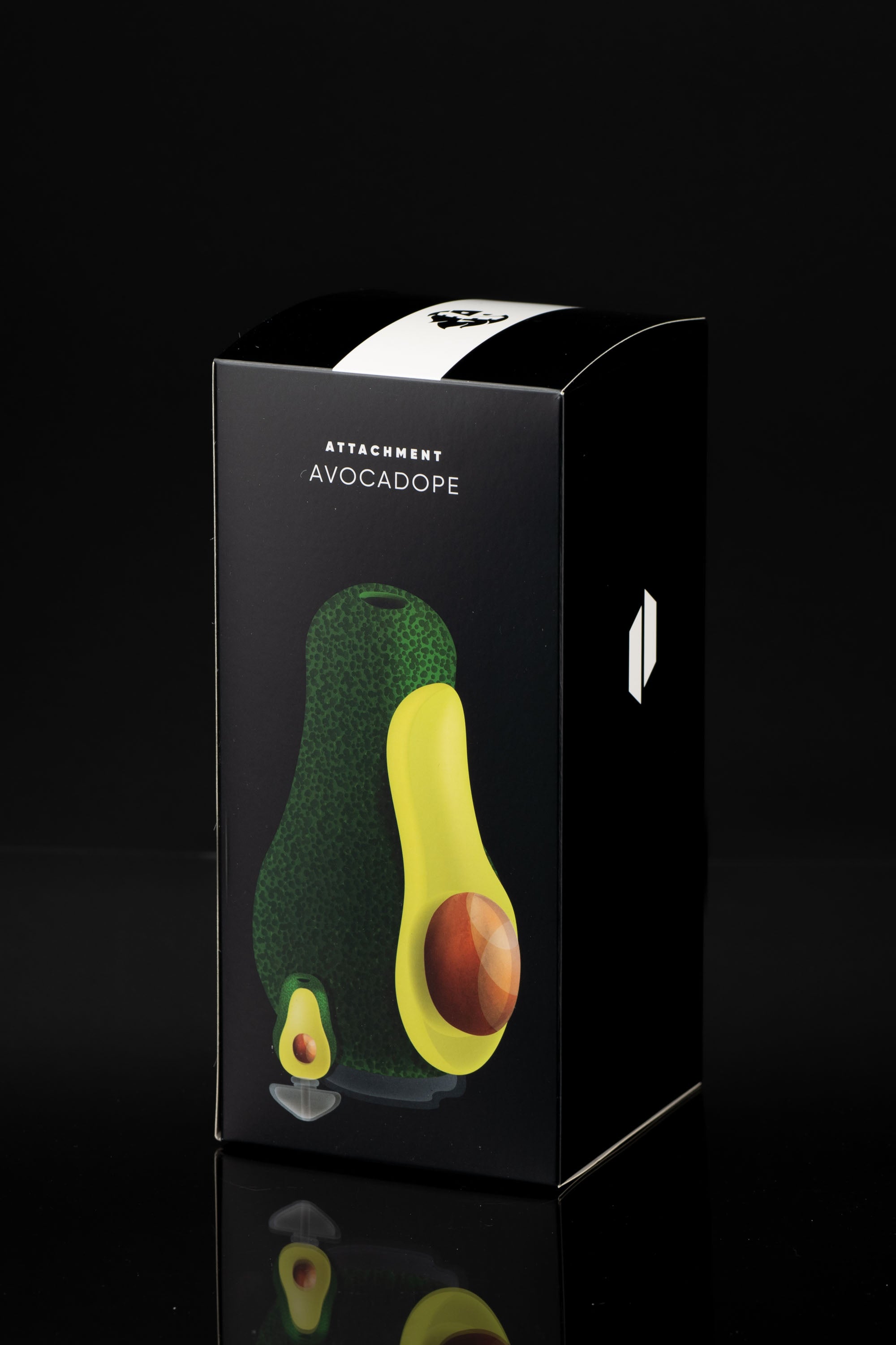 Black box with avocado-shaped cannabis accessory and branding "AVOCADOPE." 