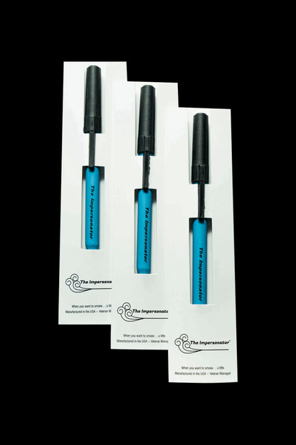 Product shot of “The Impersonator” cannabis oil cartridges in varying sizes, stacked vertically on a white background, with branding and text indicating veteran ownership.