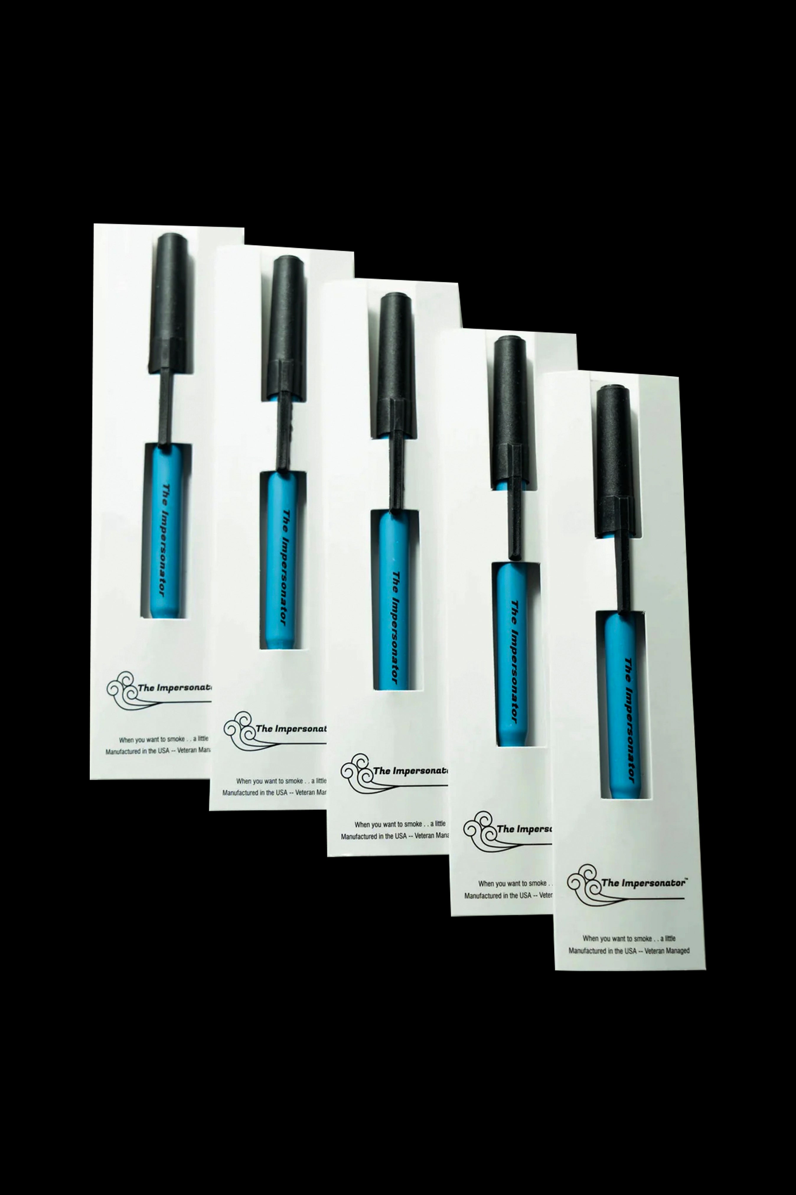 Six black “The Impersonator” cannabis oil syringes with white packaging displaying product information, arranged in a grid.