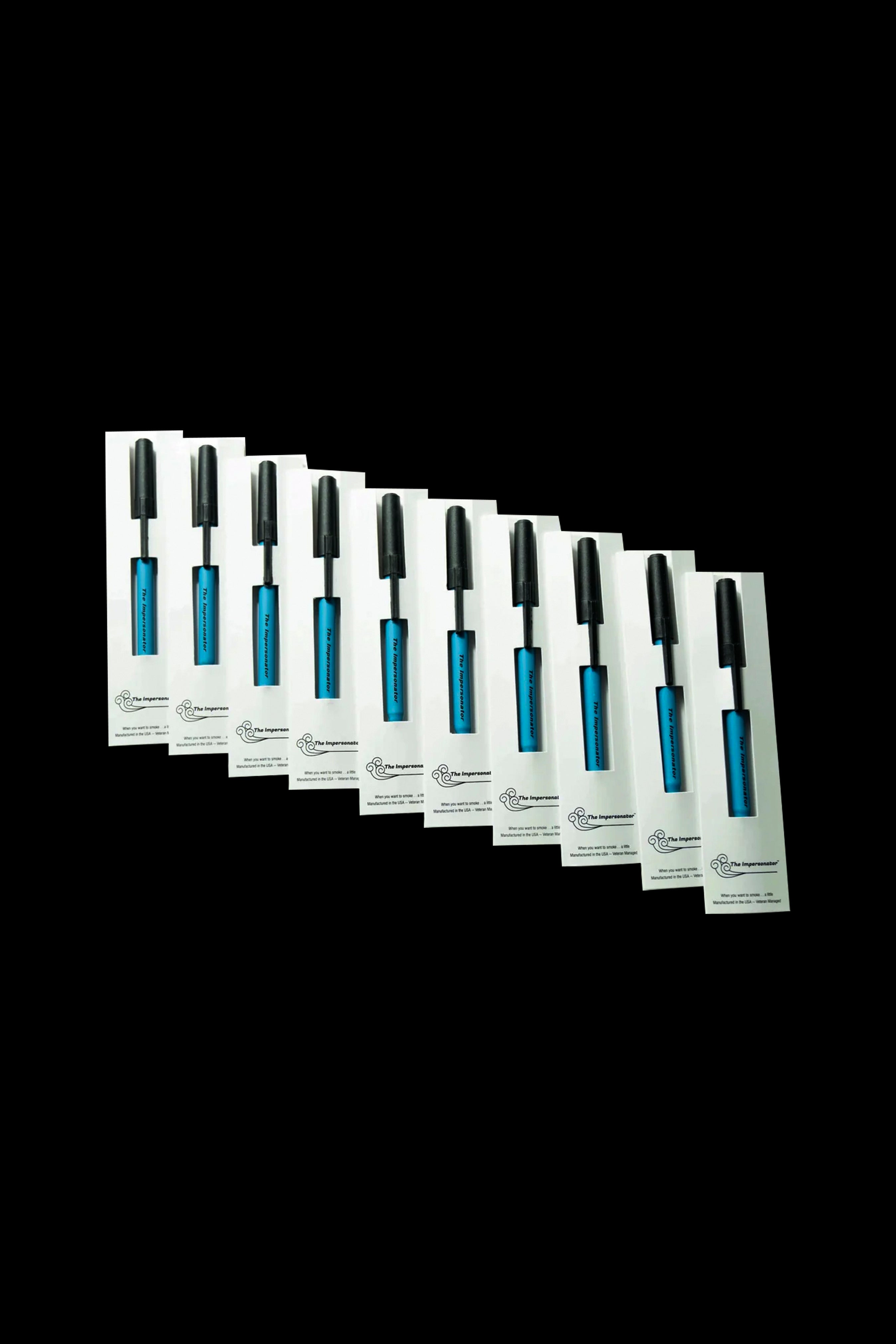 Ten packaged cannabis oil vape cartridges against a black background.