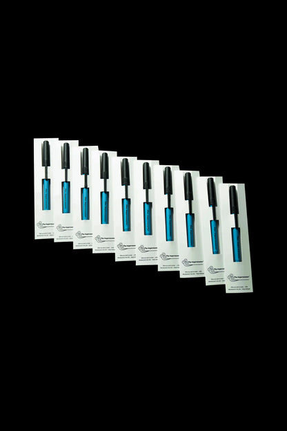 Ten packaged cannabis oil vape cartridges against a black background.