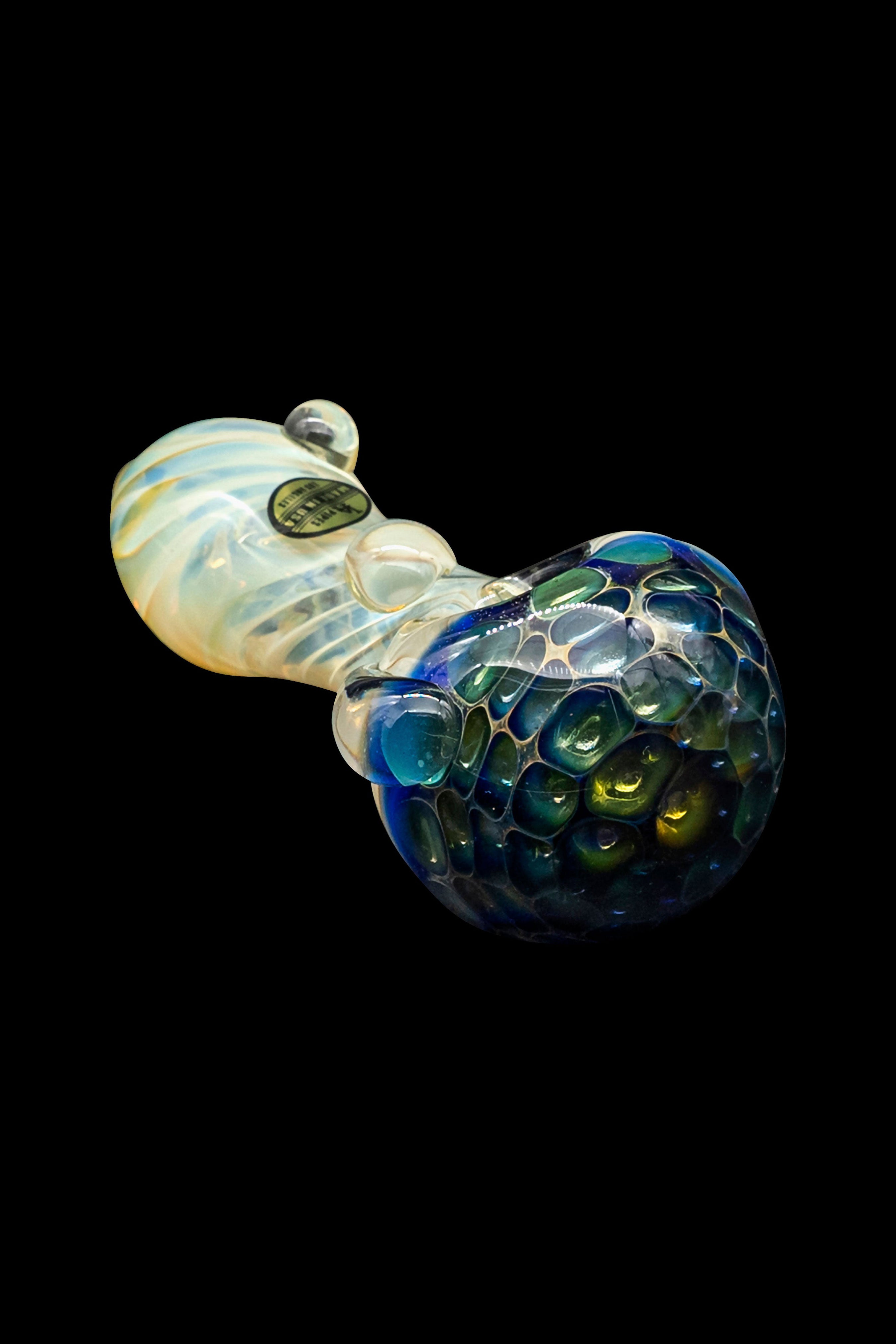 Hand-blown glass pipe with a speckled blue and green bowl, against a black background.