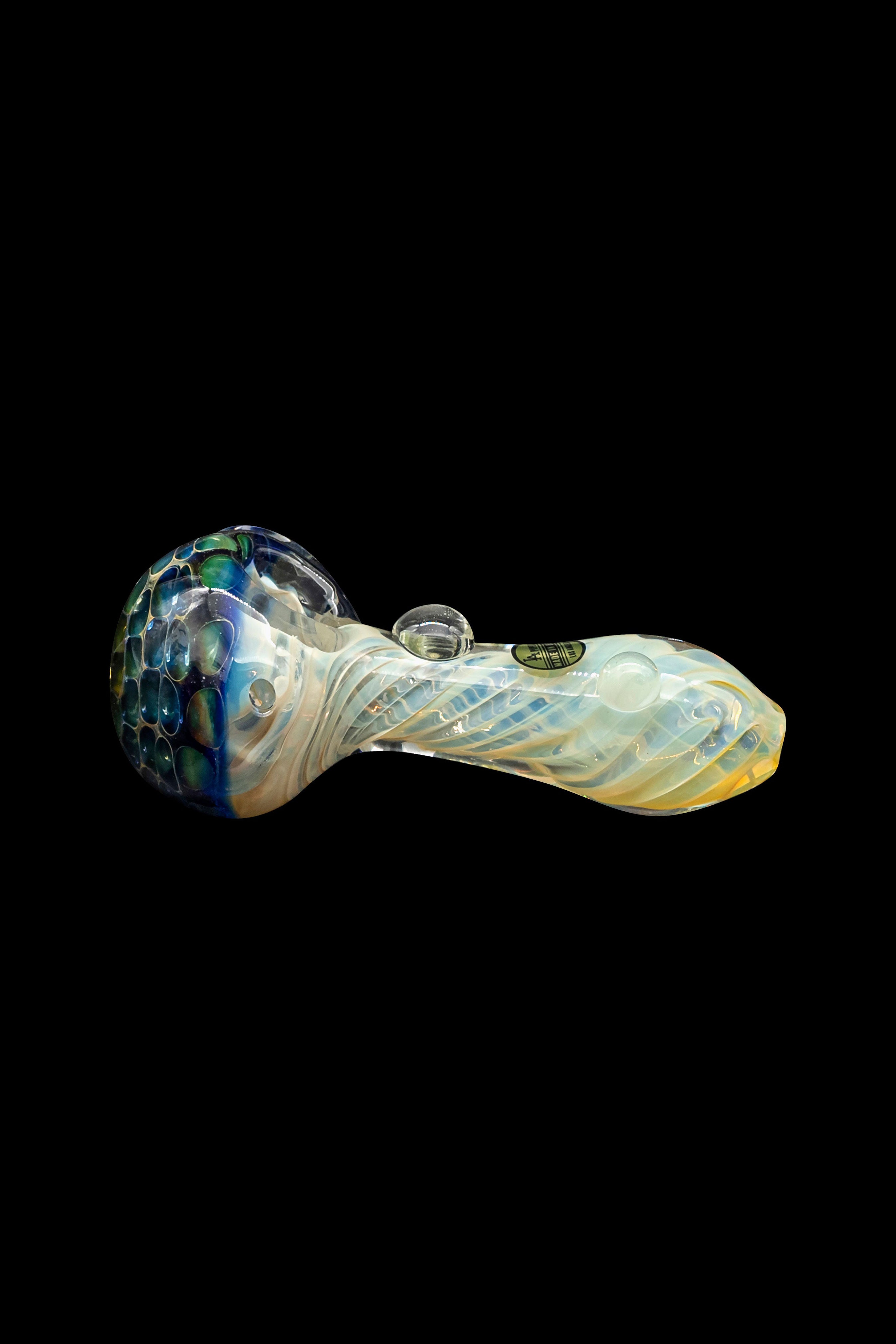Hand-blown glass pipe with swirling blue, green, and iridescent patterns.