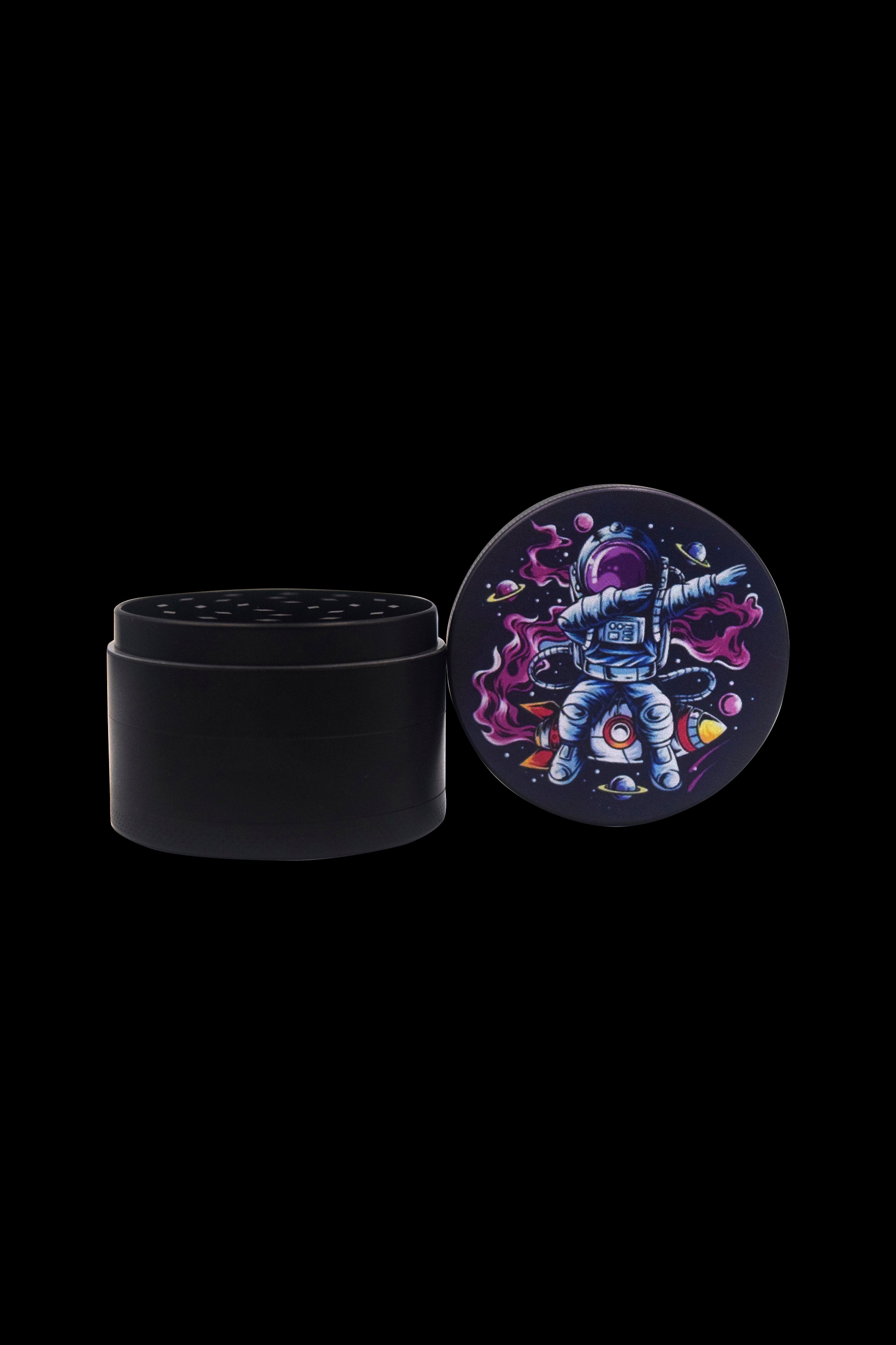 Black grinder with a colorful, space-themed lid depicting an astronaut.