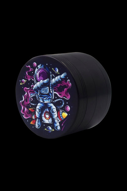 Cannabis storage container featuring a colorful astronaut and space-themed design.