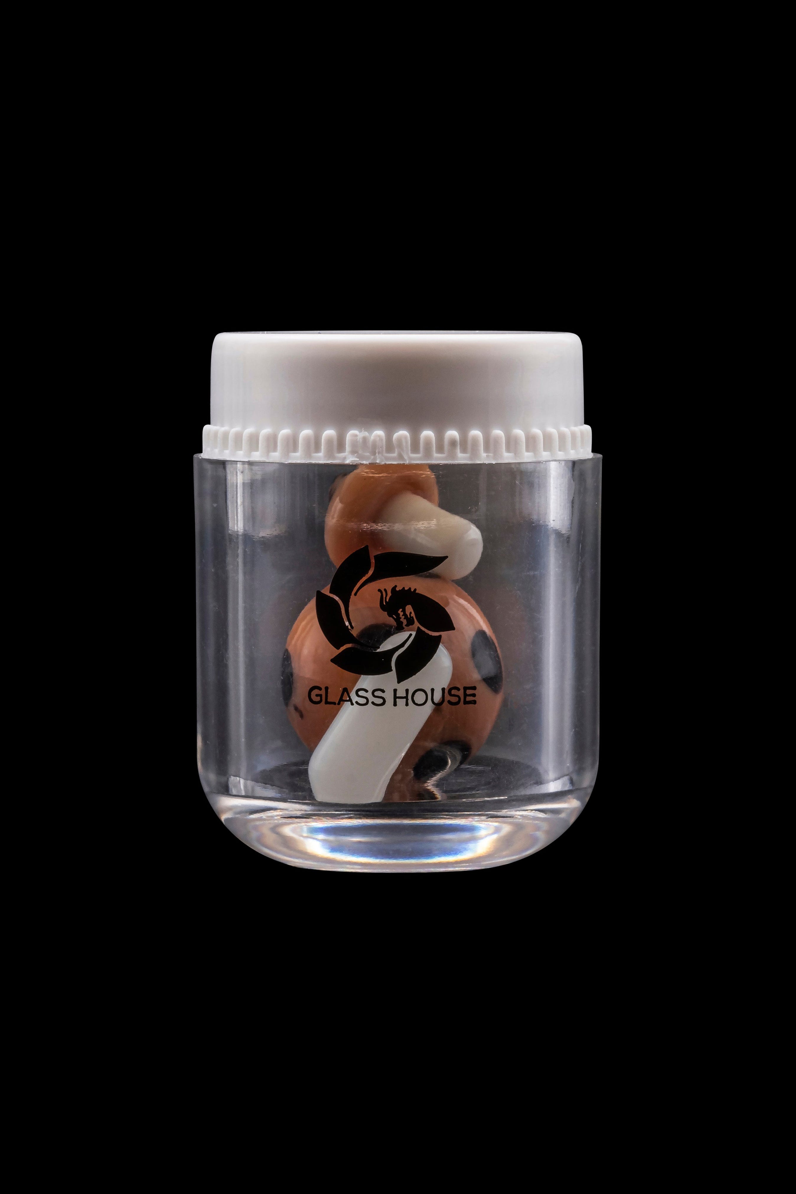 Glass jar containing cannabis buds with a “Glass House” logo.