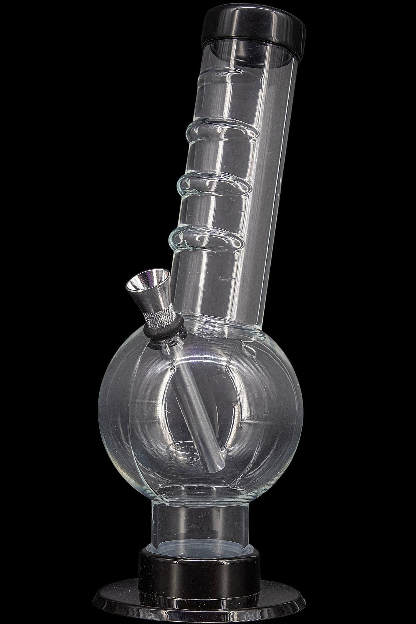 Clear glass water pipe (bong) with a flared base and textured downstem, isolated on a black background.