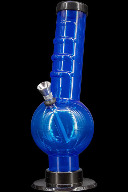 Blue glass water pipe (bong) with a spherical base and cylindrical neck.