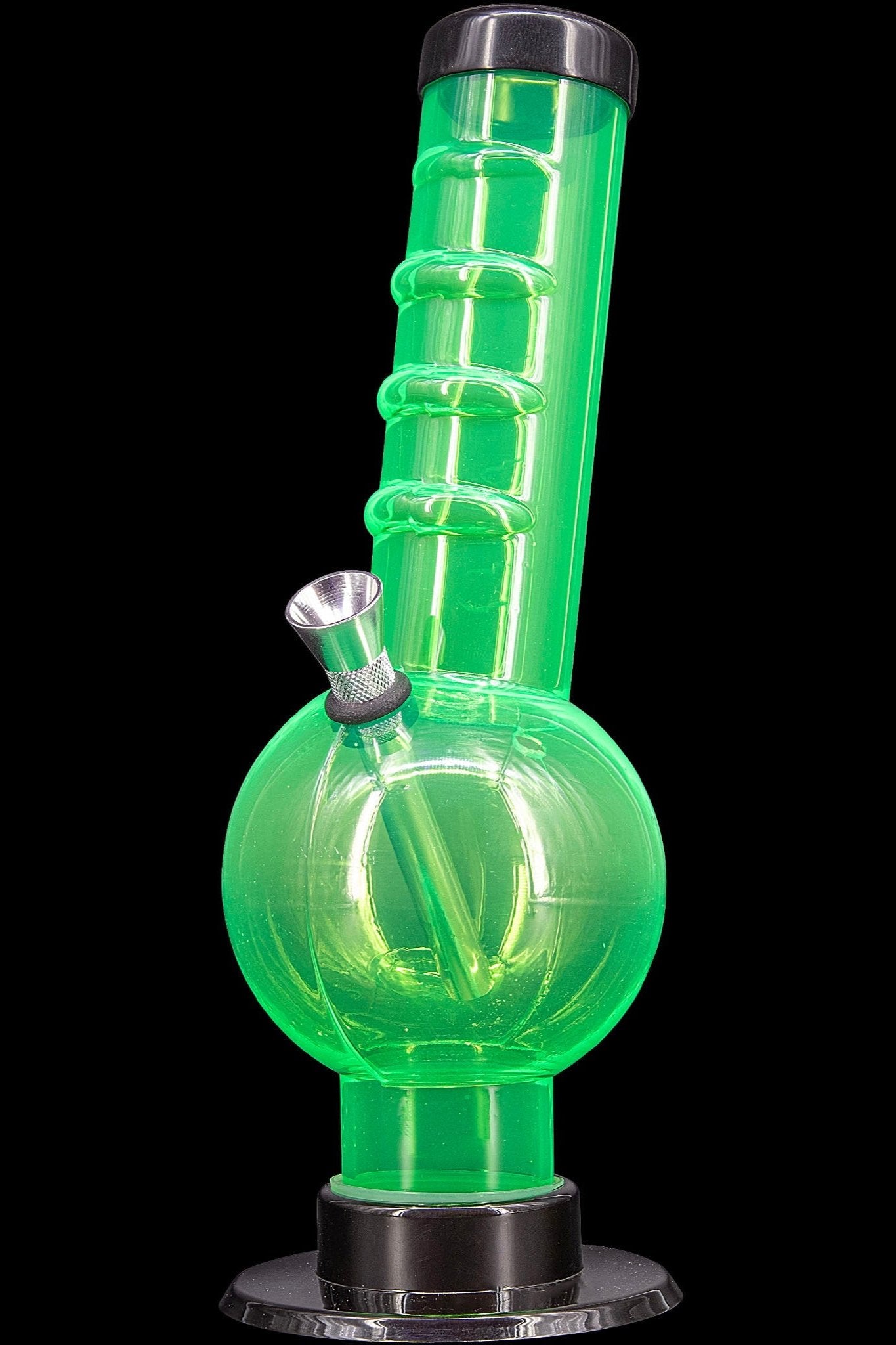 Green glass water pipe (bong) with illuminated neon effect.
