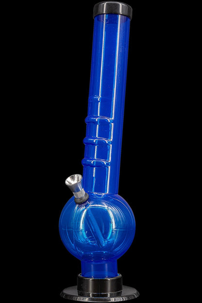 Blue glass water pipe (bong) against a black background.