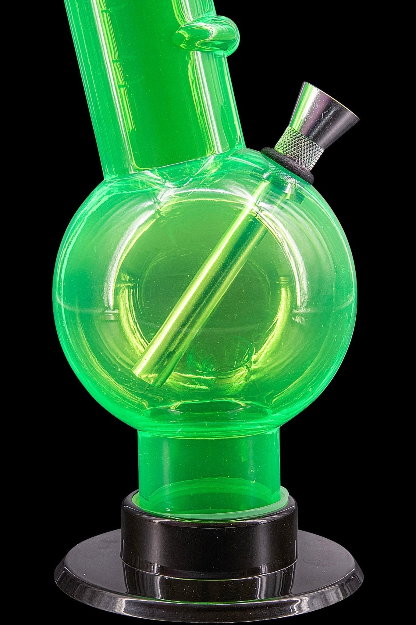 Green glass bubbler water pipe with black base.