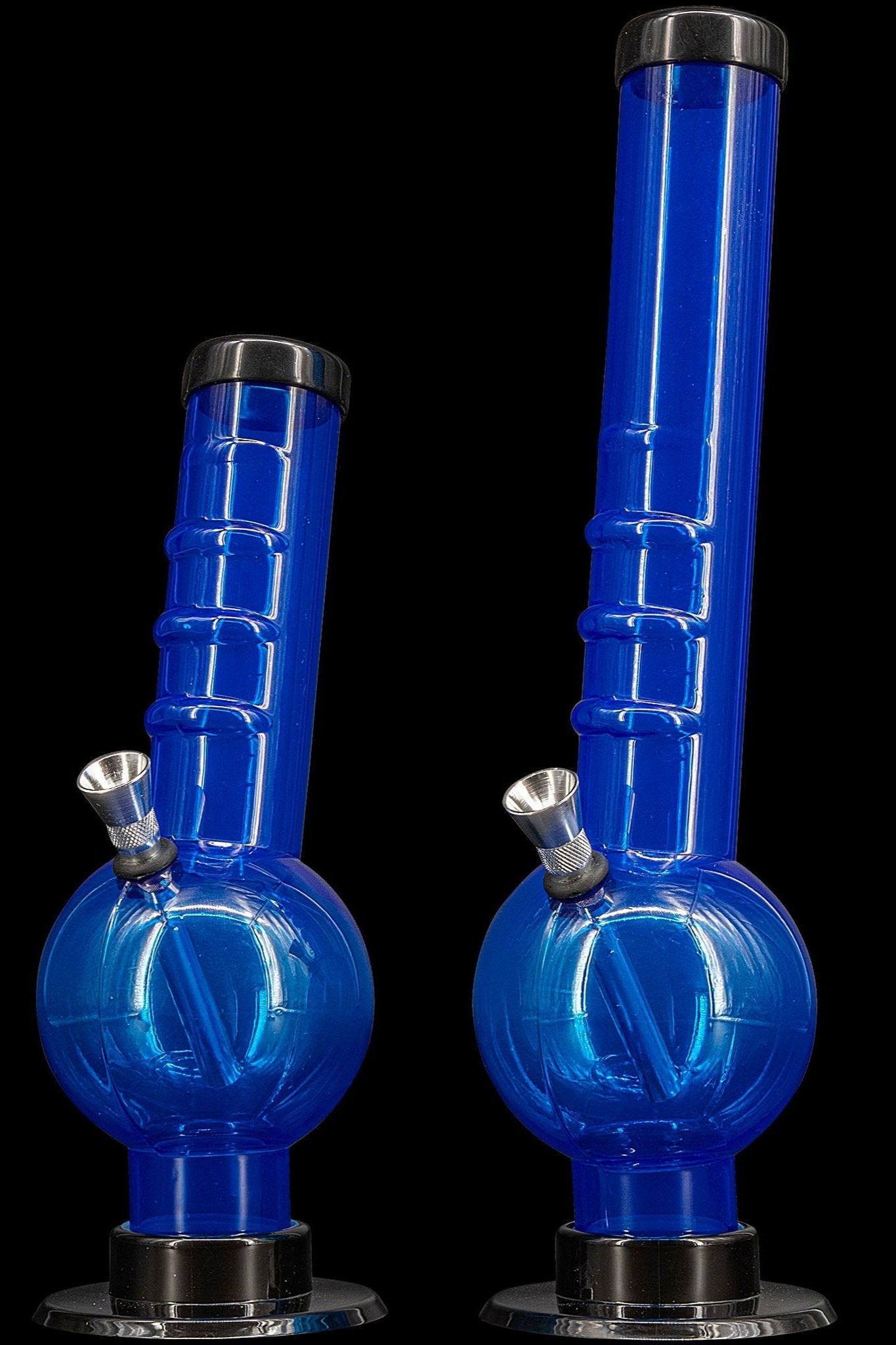 Front view of the JM Plastics Acrylic Angled Neck Straight Tube Bubble Bong, a translucent blue acrylic water pipe angled against a black background.