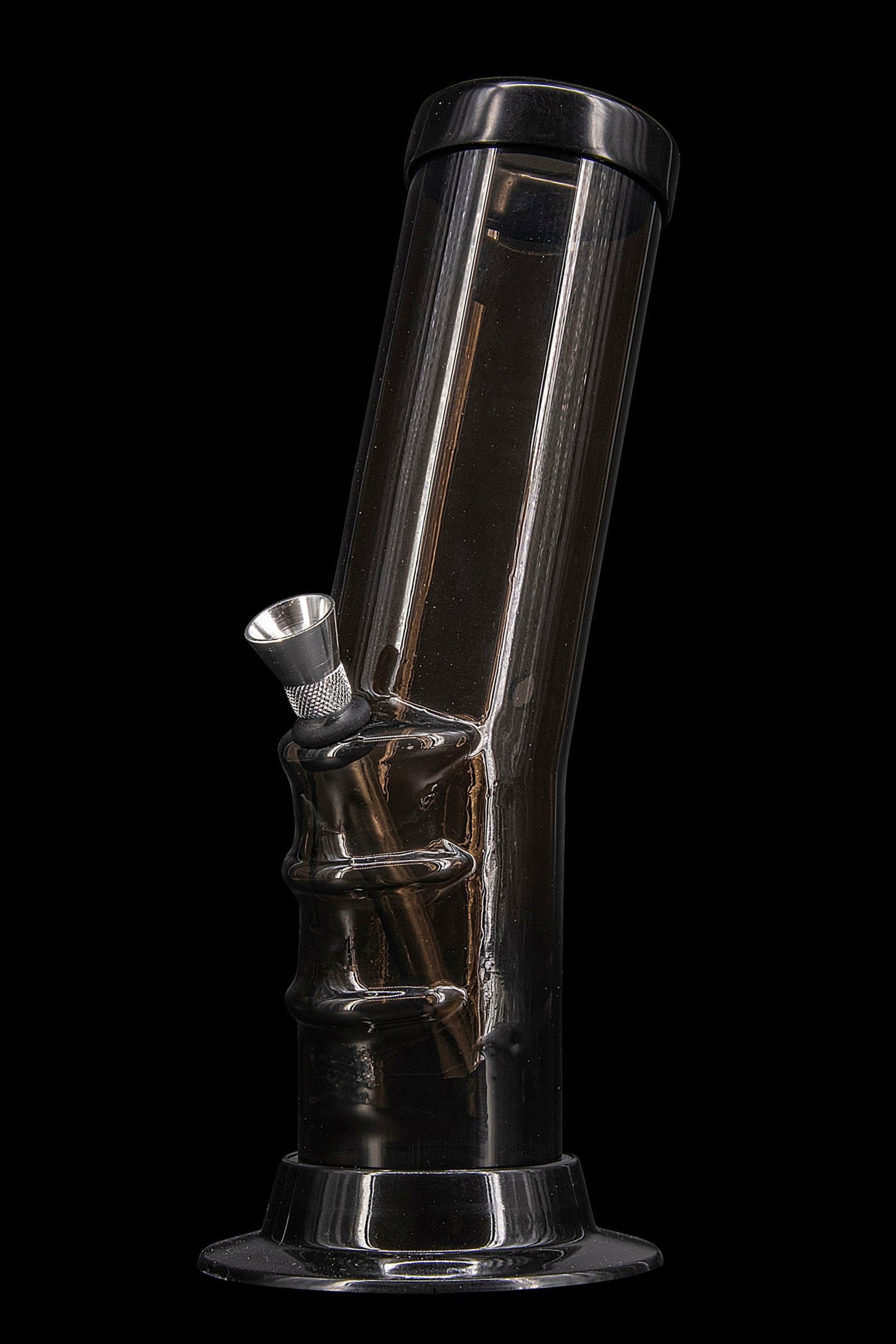 Black glass water pipe with metallic accents, studio shot.