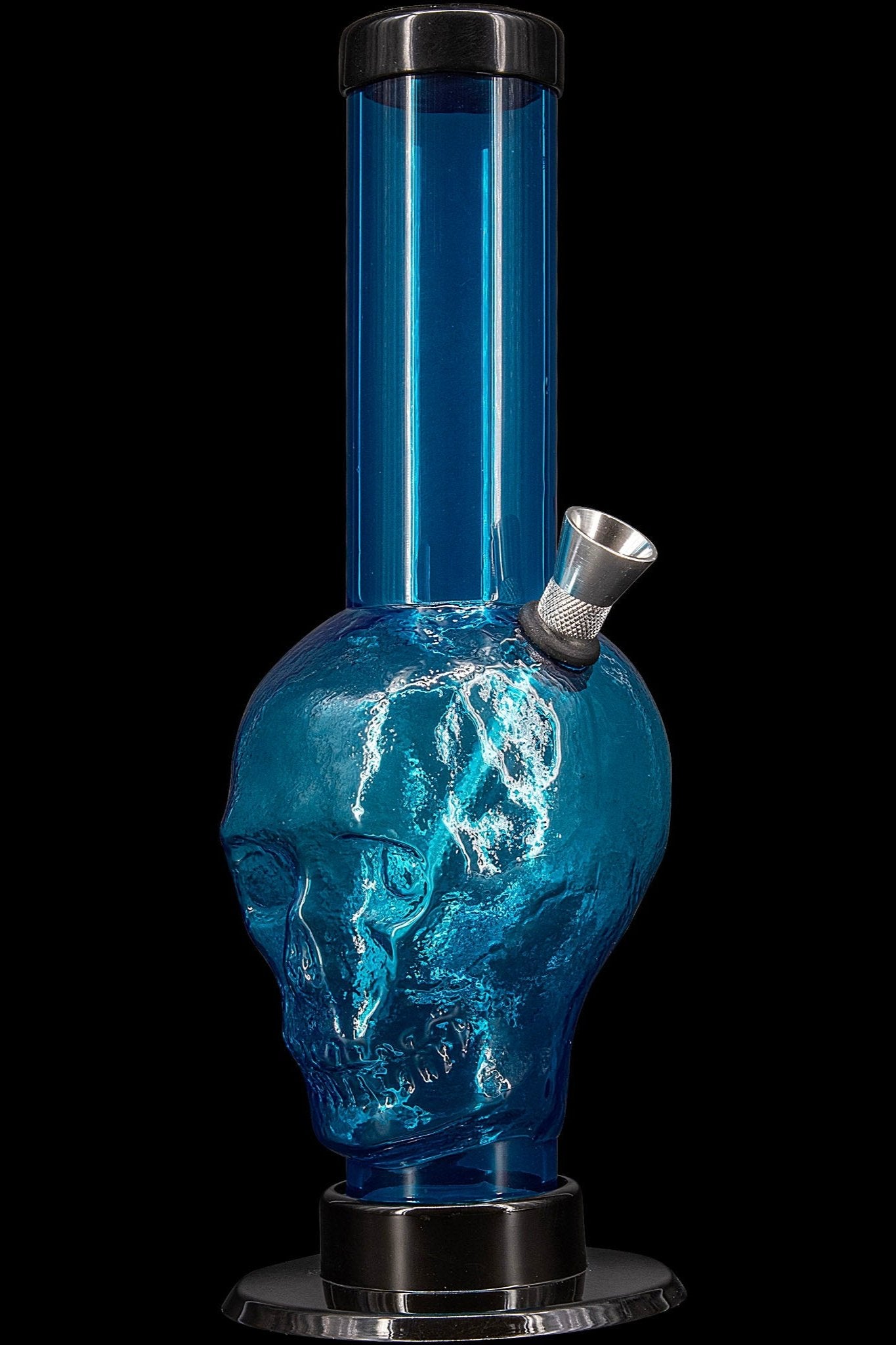 Blue glass skull-shaped water pipe (bong) with metallic accents.