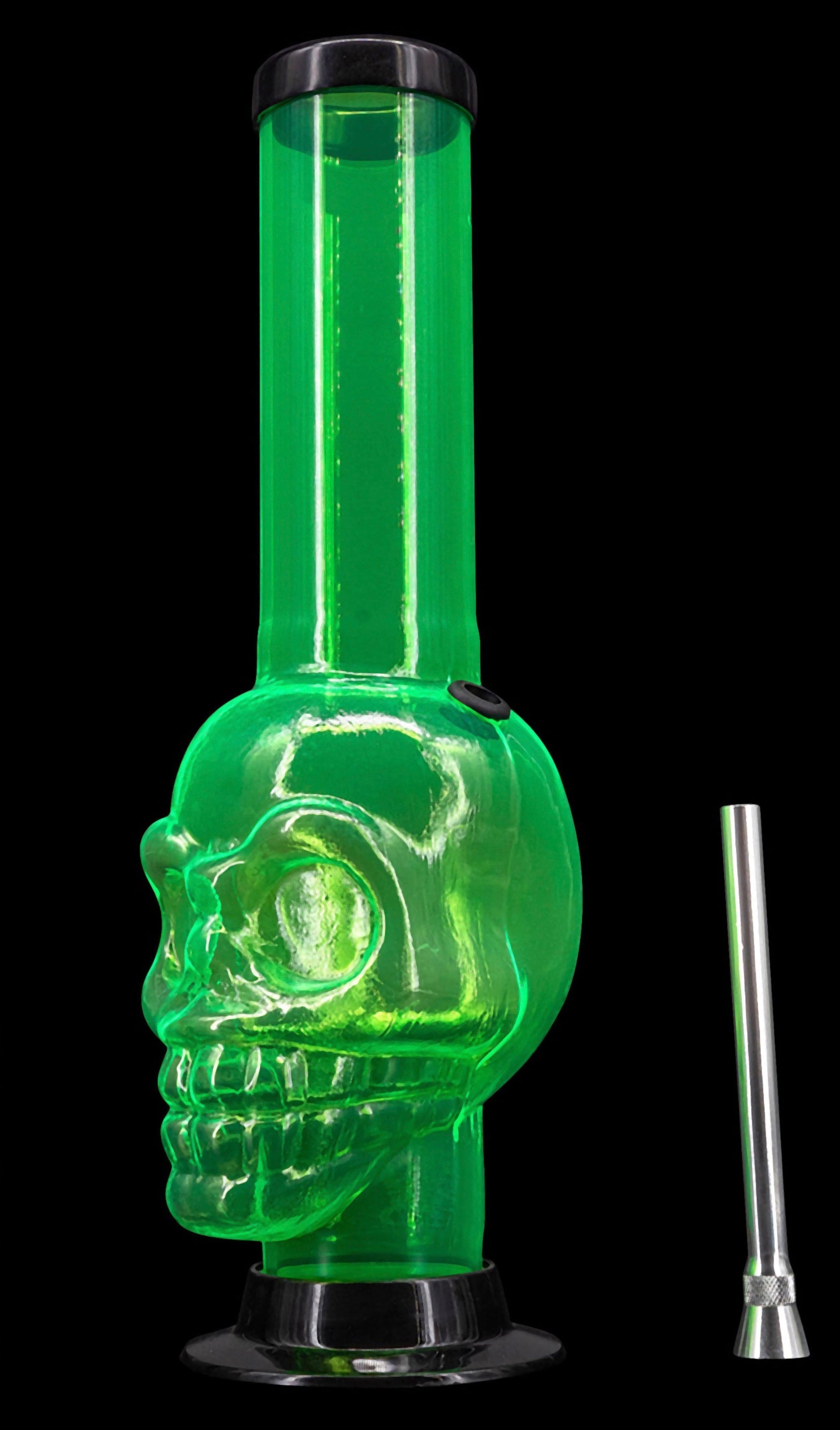 Green glass skull-shaped water pipe (bong) with a detachable downstem, displayed against a black background.