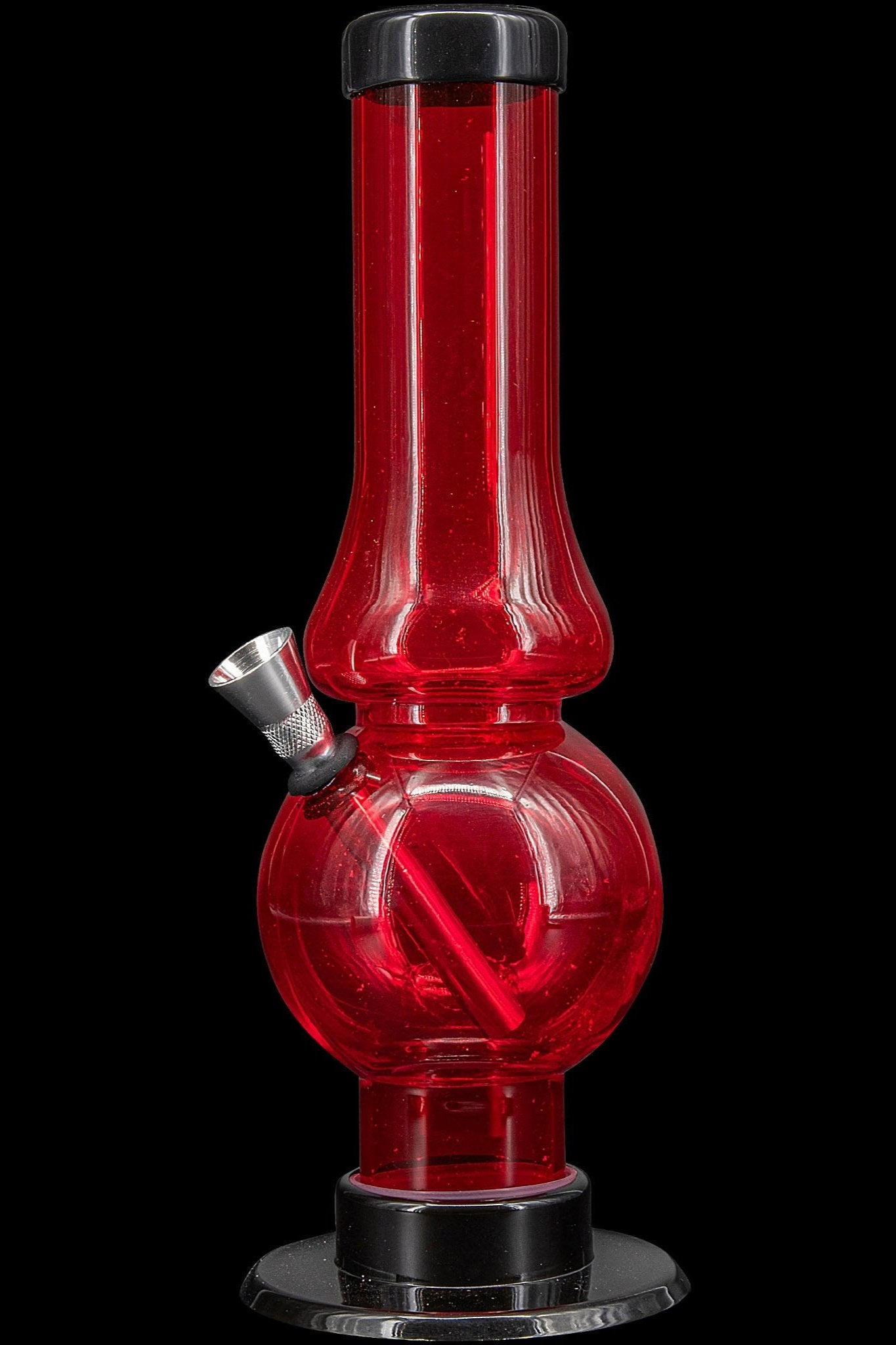 Red glass bubbler water pipe for smoking cannabis.