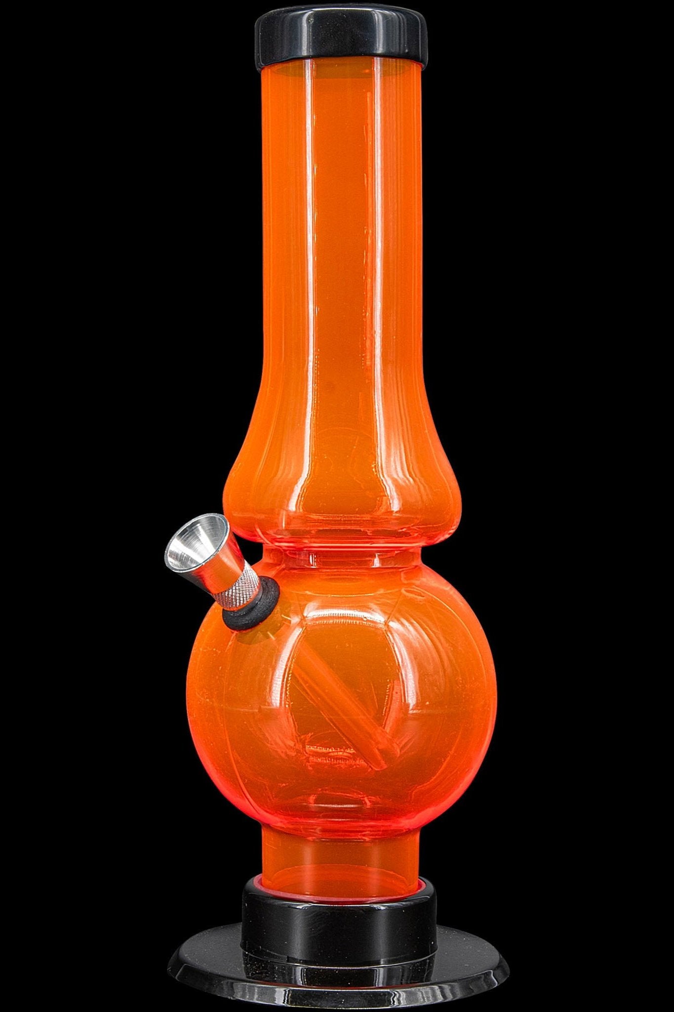Orange glass water pipe (bong) on a black base.