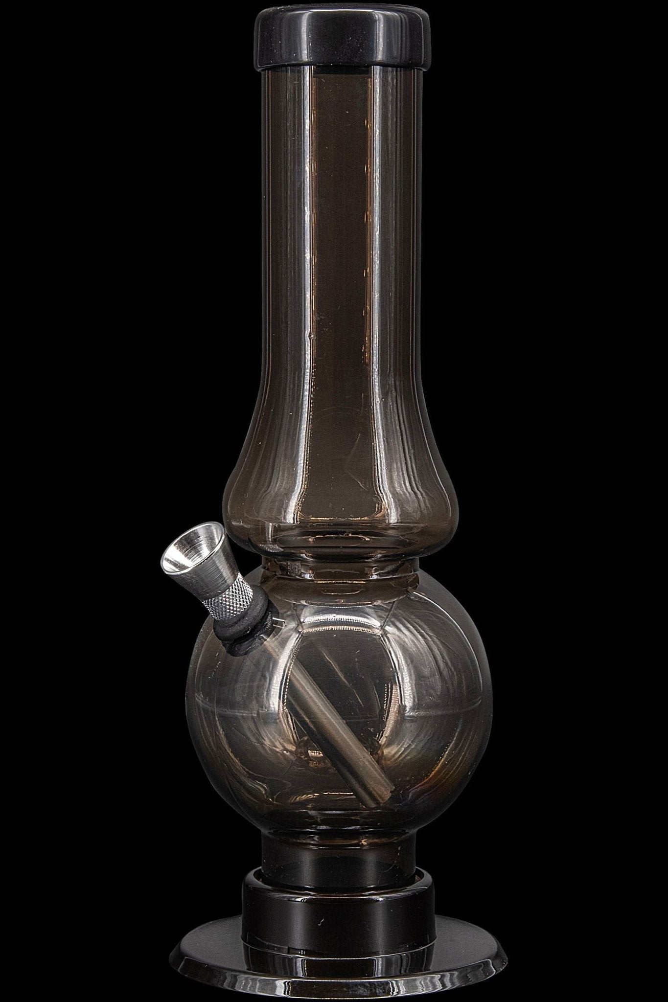Smoked glass water pipe (bong) with a wide base and narrow neck.